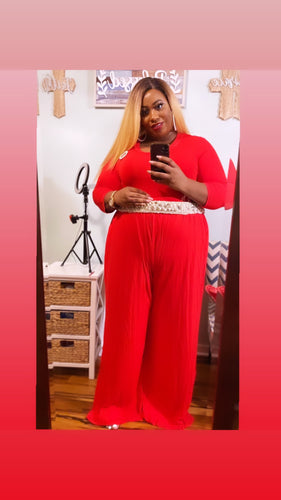 Lady in Red or Rust Jumpsuit